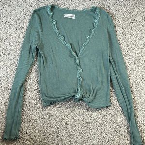 Urban Outfitters Green medium V-Neck Long Sleeved Lace Trim Shirt